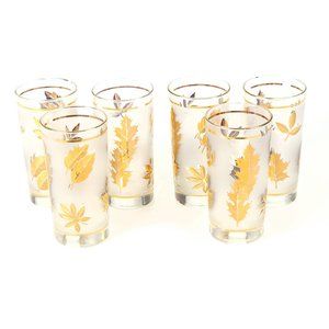 Vintage Libbey Barware Highball Frosted Gold Leaf Gold Rim Glasses - Set…